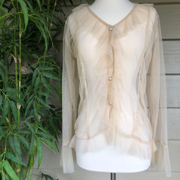 Papillon Tops - Papillon Vintage Camel Sheer Long Sleeve Button Up